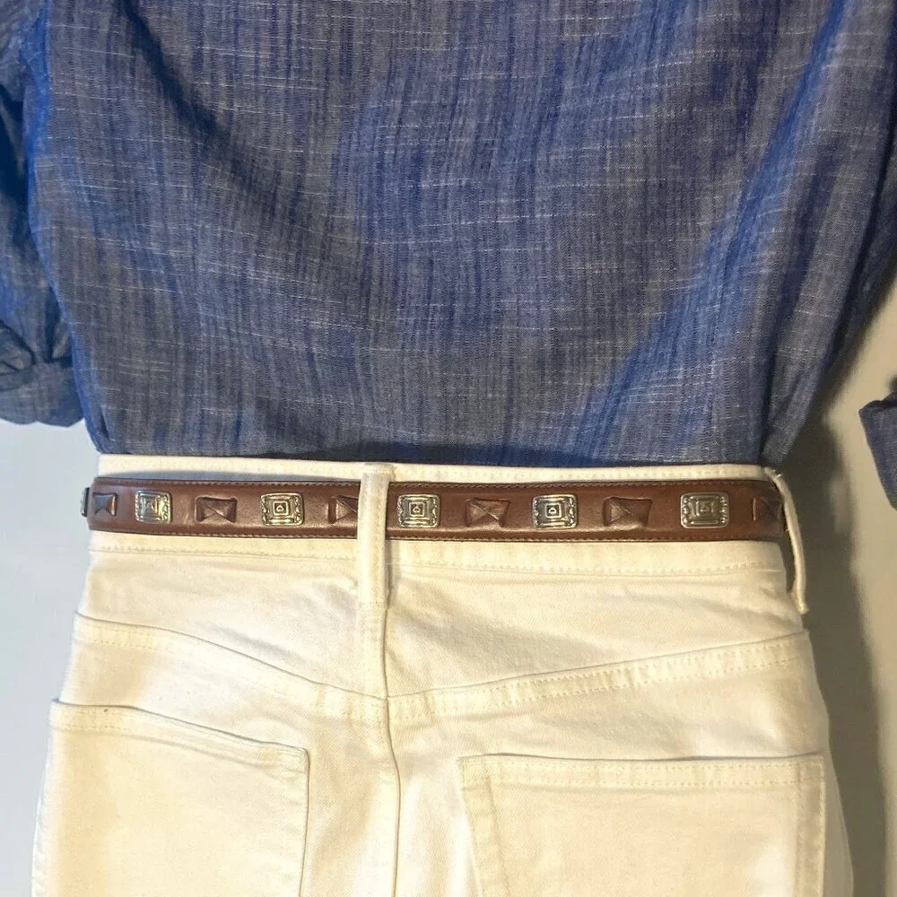 Fossil SZ M Brown leather belt silver accents classic western essential classic